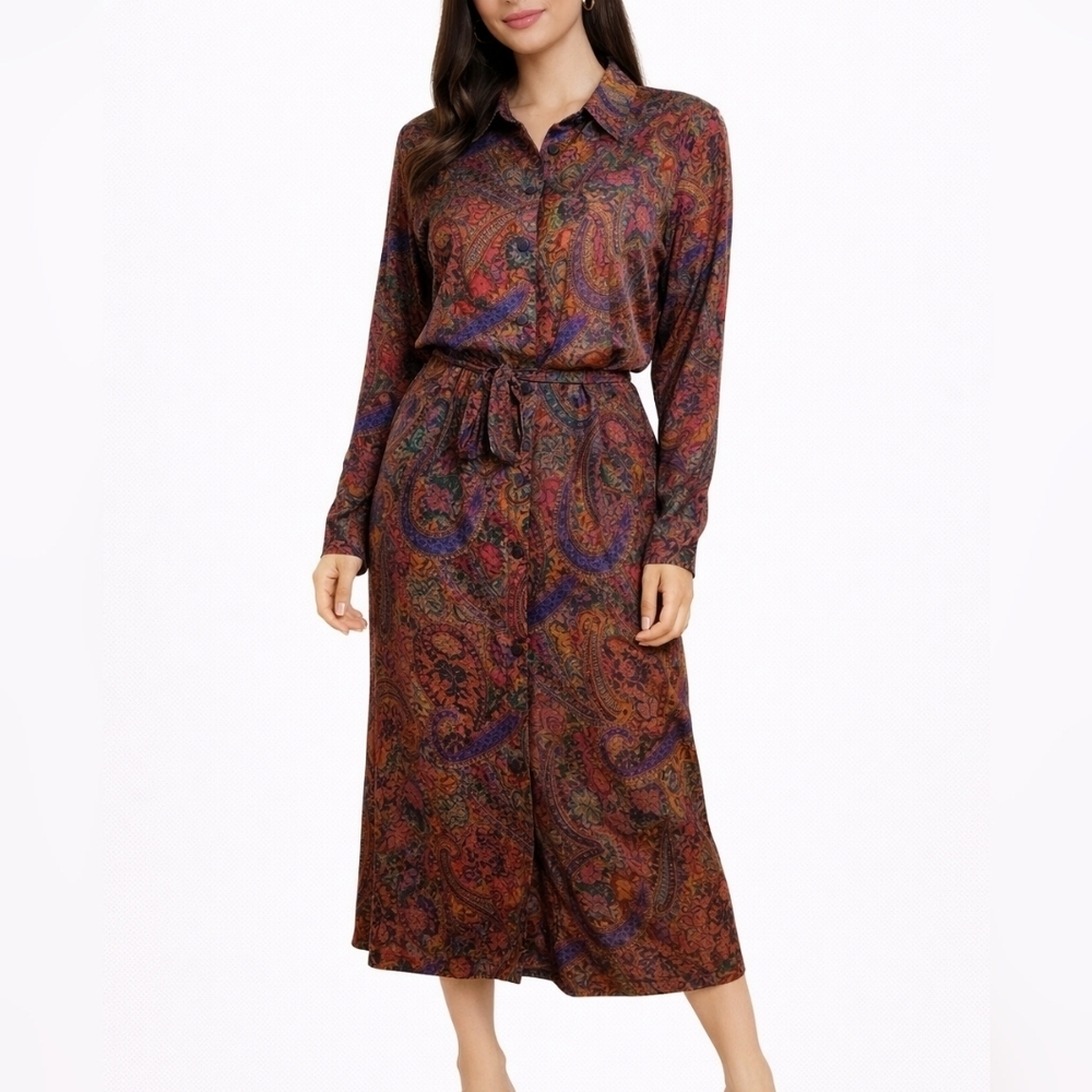 VTG 1990s PRESTIGE BUSINESS FASHIONS Jewel Tone Paisley Holiday Shirt Dress